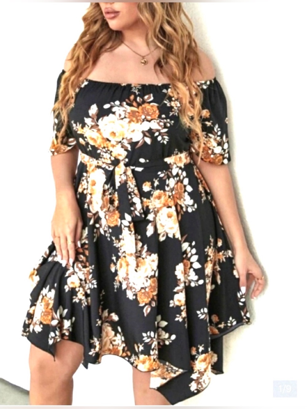 Floral Puff Sleeve Peasant Top - Black with Mustard Floral